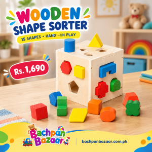 colourful wooden shape sorter advertisement